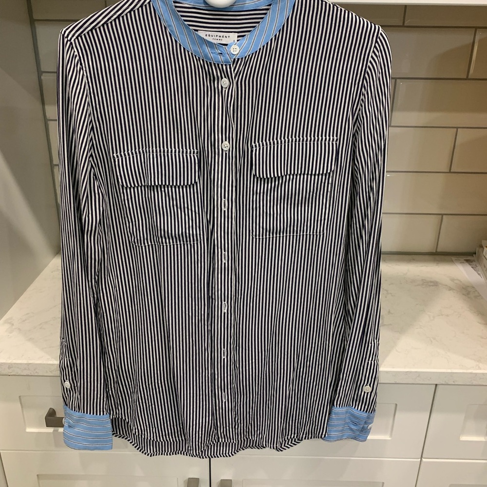 Equipment Black and White Striped Blouse with Blue Accents